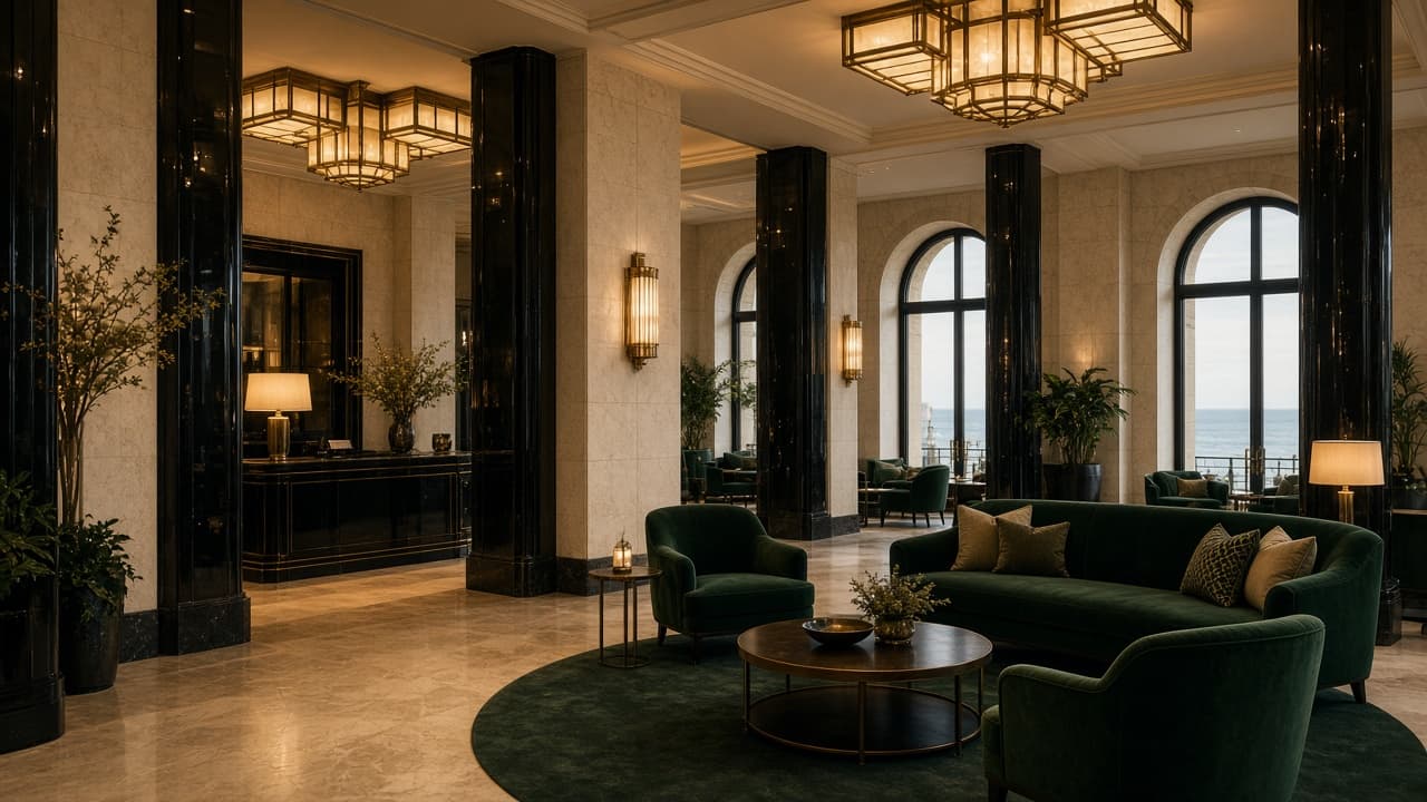 The grand lobby at Belgrave House, lit in warm evening tones